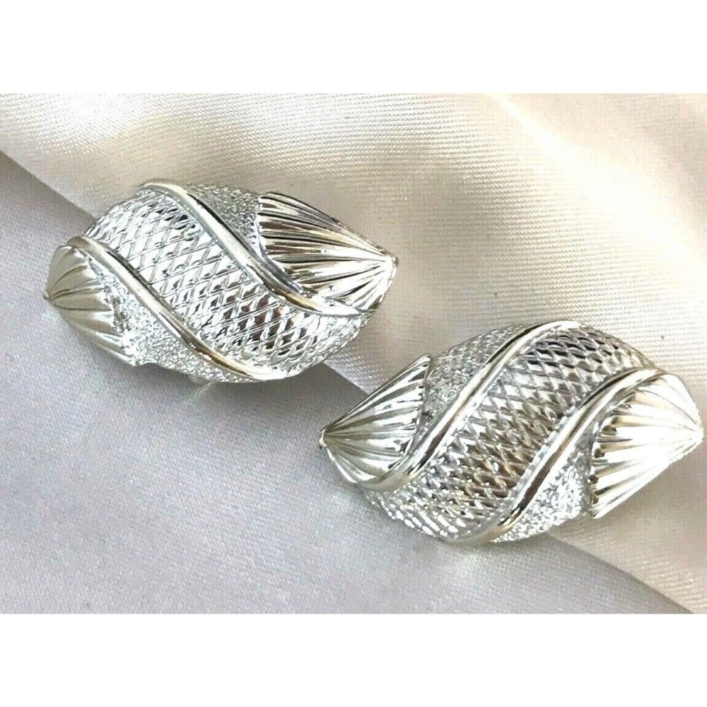 Vintage 1950s Coro Earrings Silver Tone Textured Woven Clip On Mid Century - 2A